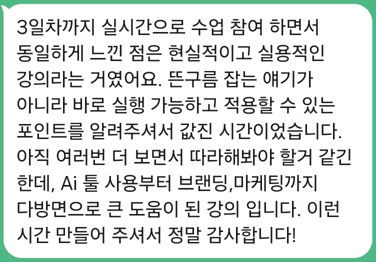 3일차까지 실시간으로 참여하며 느낀 점은 뜬구름이 아니라 바로 실행하고 적용할 수 있는 강의였다는 후기